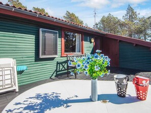 A green wooden house with a red roof, a window, a door, a table with chairs, and a potted plant with blue flowers. - 4 Person Holiday Home in Thisted (Thisted)