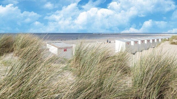 Una spiaggia con erba dunare in primo piano, una fila di edifici bianchi con segnaletica rossa e un cielo azzurro limpido con nuvole.