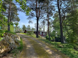 Ländliche Szenerie mit einem Feldweg, der zu einer kleinen roten Holzhütte inmitten dichter Bäume führt.