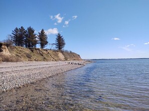 Une plage de galets avec une eau claire, des arbres et une côte visible au loin.
