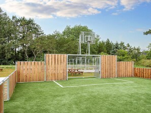 Ein eingezäunter Sportplatz mit Tor, umgeben von Bäumen und blauem Himmel.