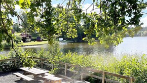 En picknickplats vid sjön med en eldstad av betong och träbänkar.