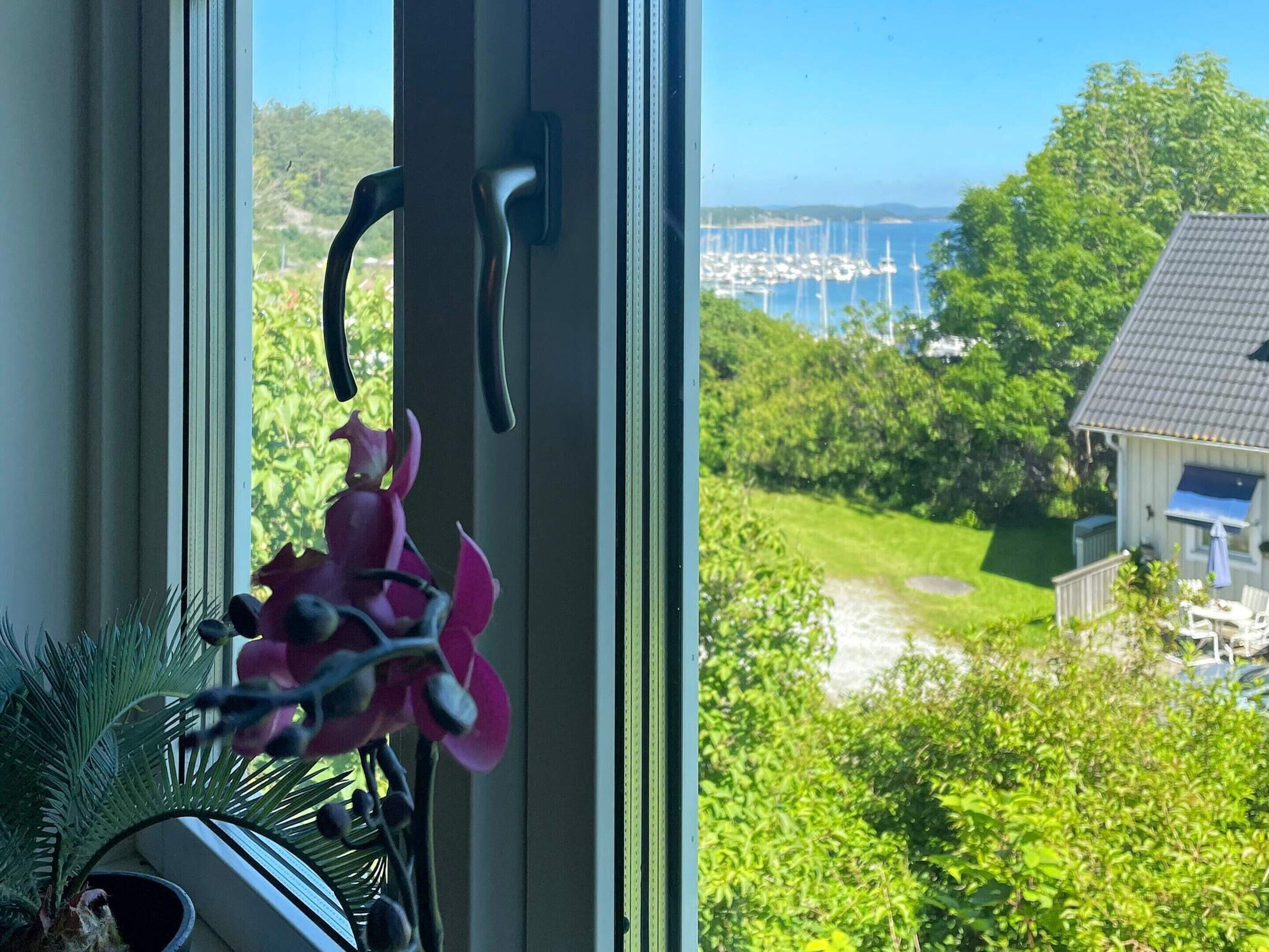 Une fenêtre donnant sur un port de plaisance, de la verdure et une maison avec un patio.