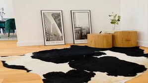 Une pièce avec un tapis en peau de vache noir et blanc, deux photographies encadrées de New York, un fauteuil vert et une petite table en bois sur laquelle est posée une plante.