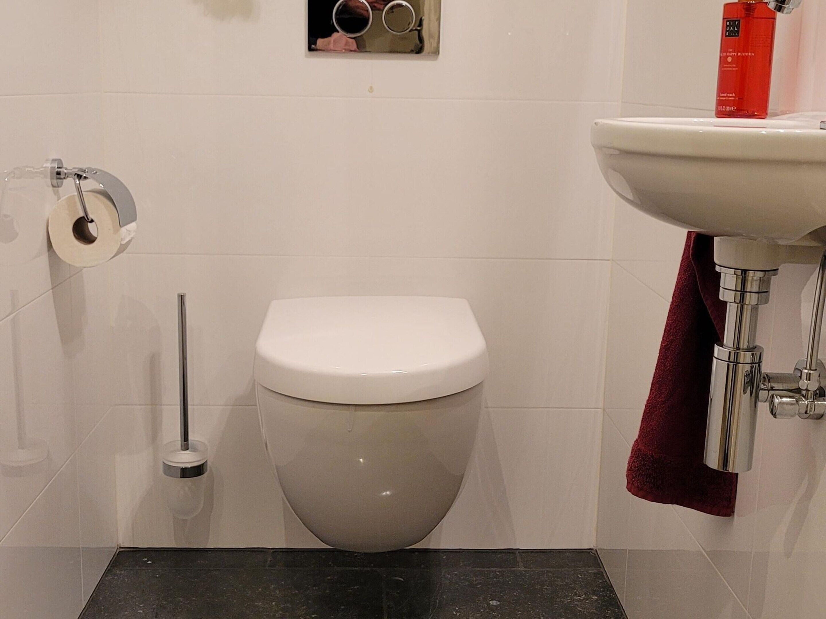 Un baño con inodoro blanco, dispensador de papel higiénico, bidé y lavamanos con una toalla roja colgada del grifo.