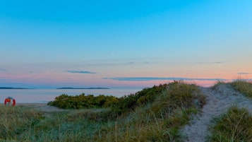 A beach path leading to the sea with a lifebuoy visible.
