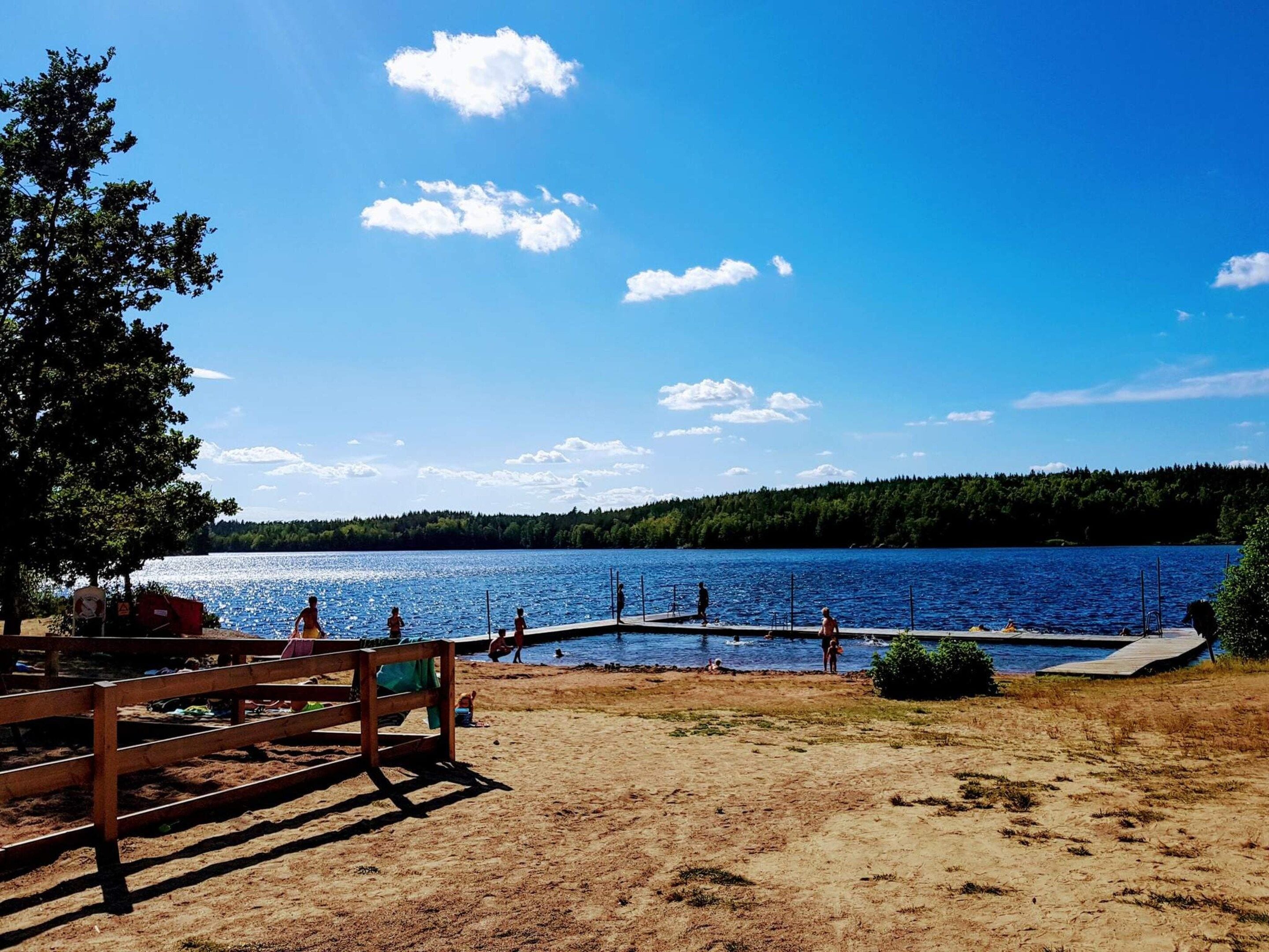 A lakeside view with a wooden dock extending into the water, surrounded by sand and sparse vegetation.