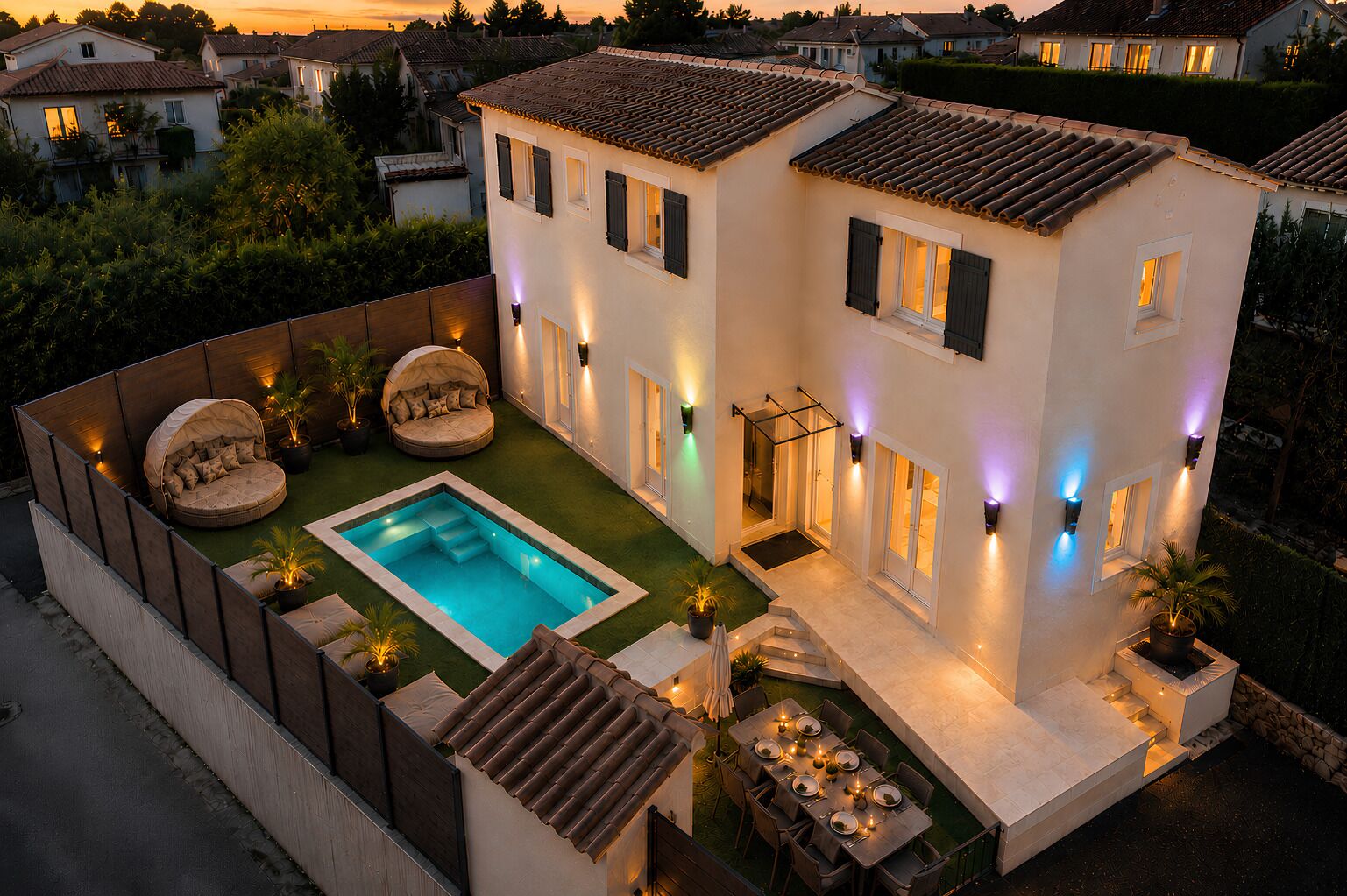 Il s’agit d’une propriété résidentielle dotée d’une piscine, d’un espace extérieur aménagé pour s’asseoir et d’une terrasse bien éclairée.