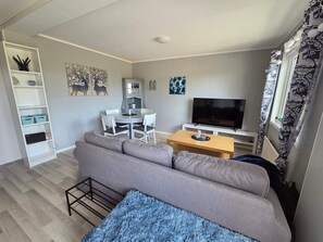 Un espace de vie compact comprenant un canapé gris, une table à manger avec des chaises, un téléviseur posé sur un meuble et un petit coin cuisine.