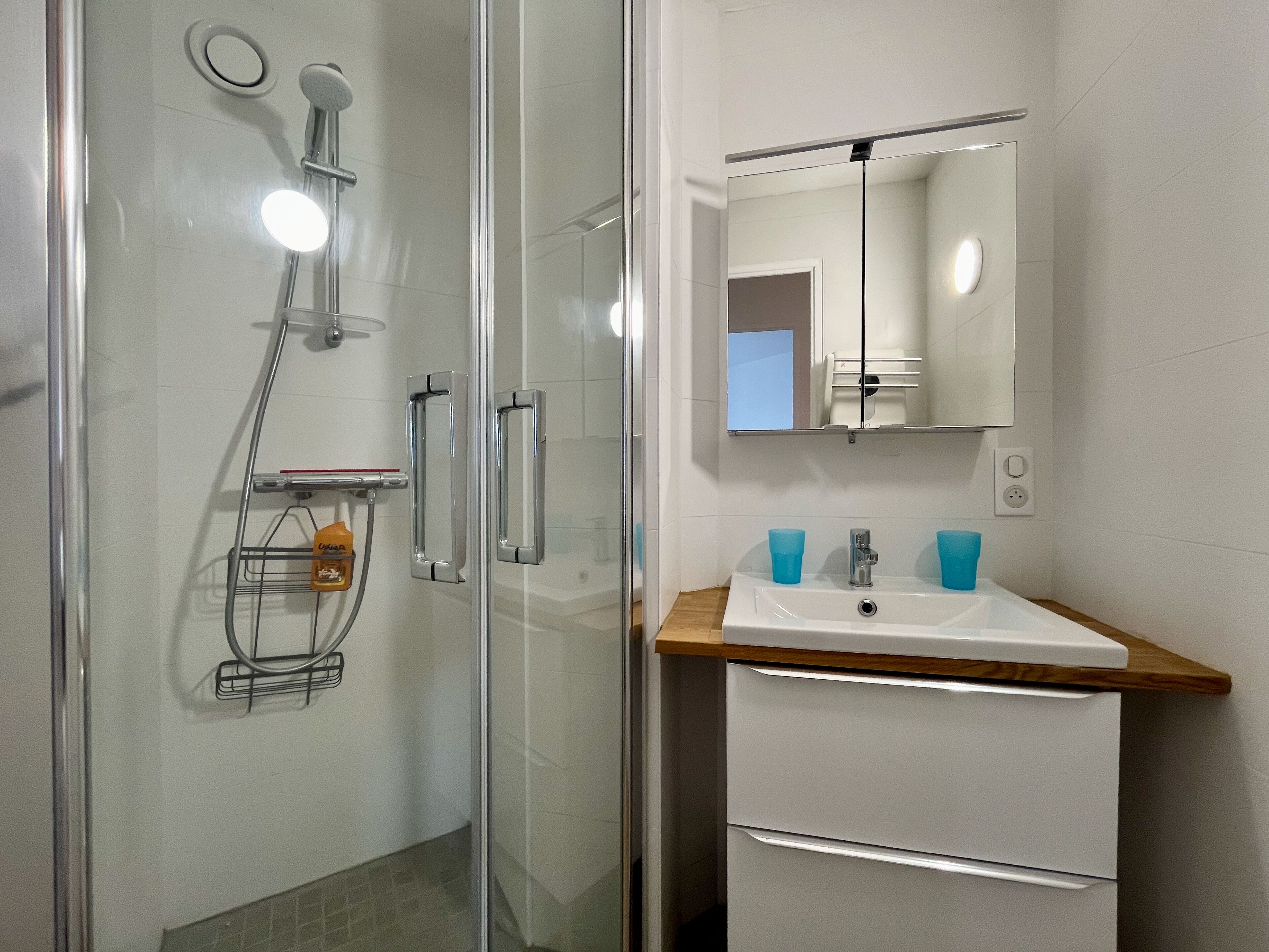 A modern bathroom with a glass shower enclosure, a white sink with two blue cups, and a mirror above the sink.
