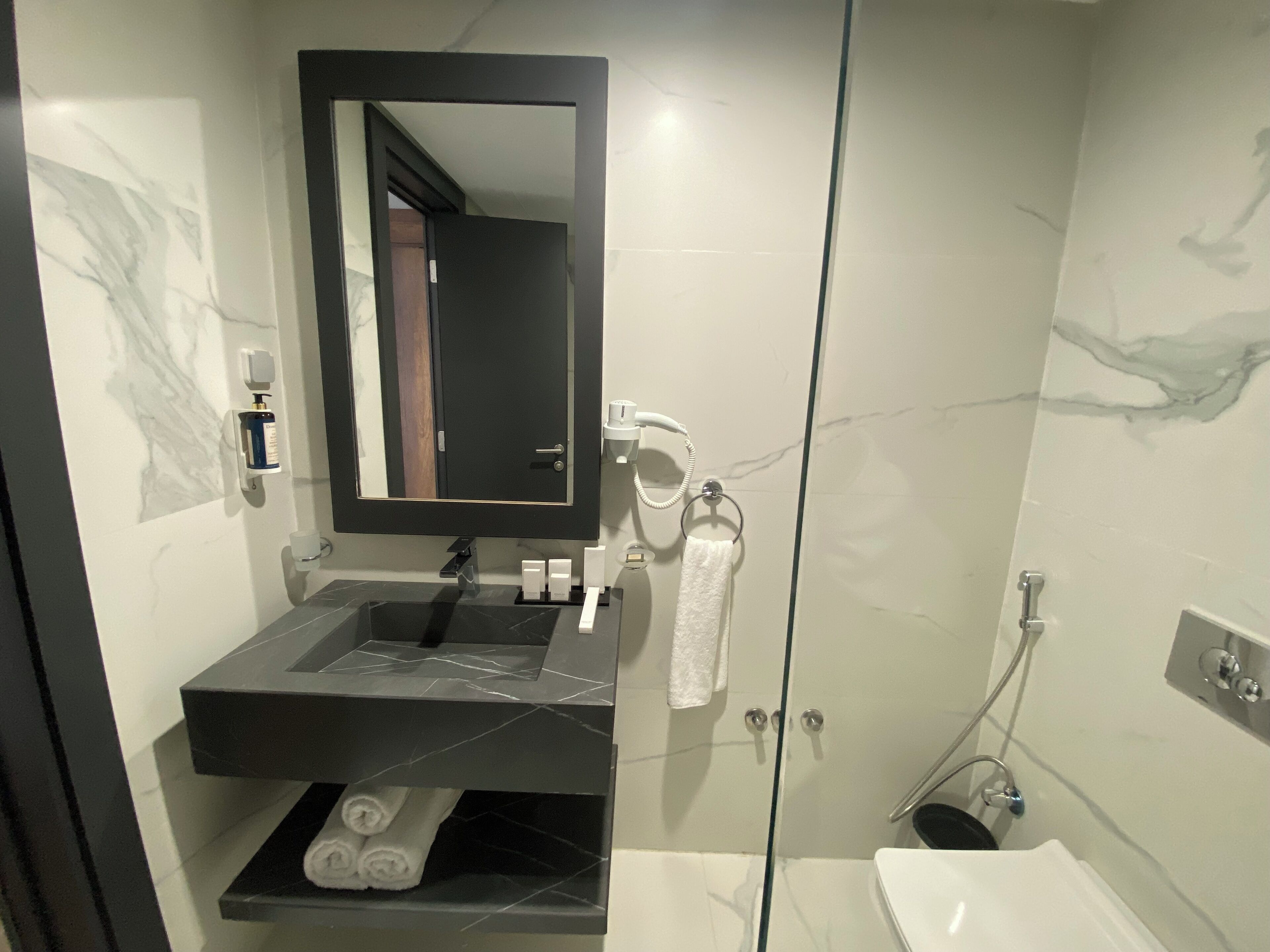 Shower, free toiletries, hair dryer, bathrobes