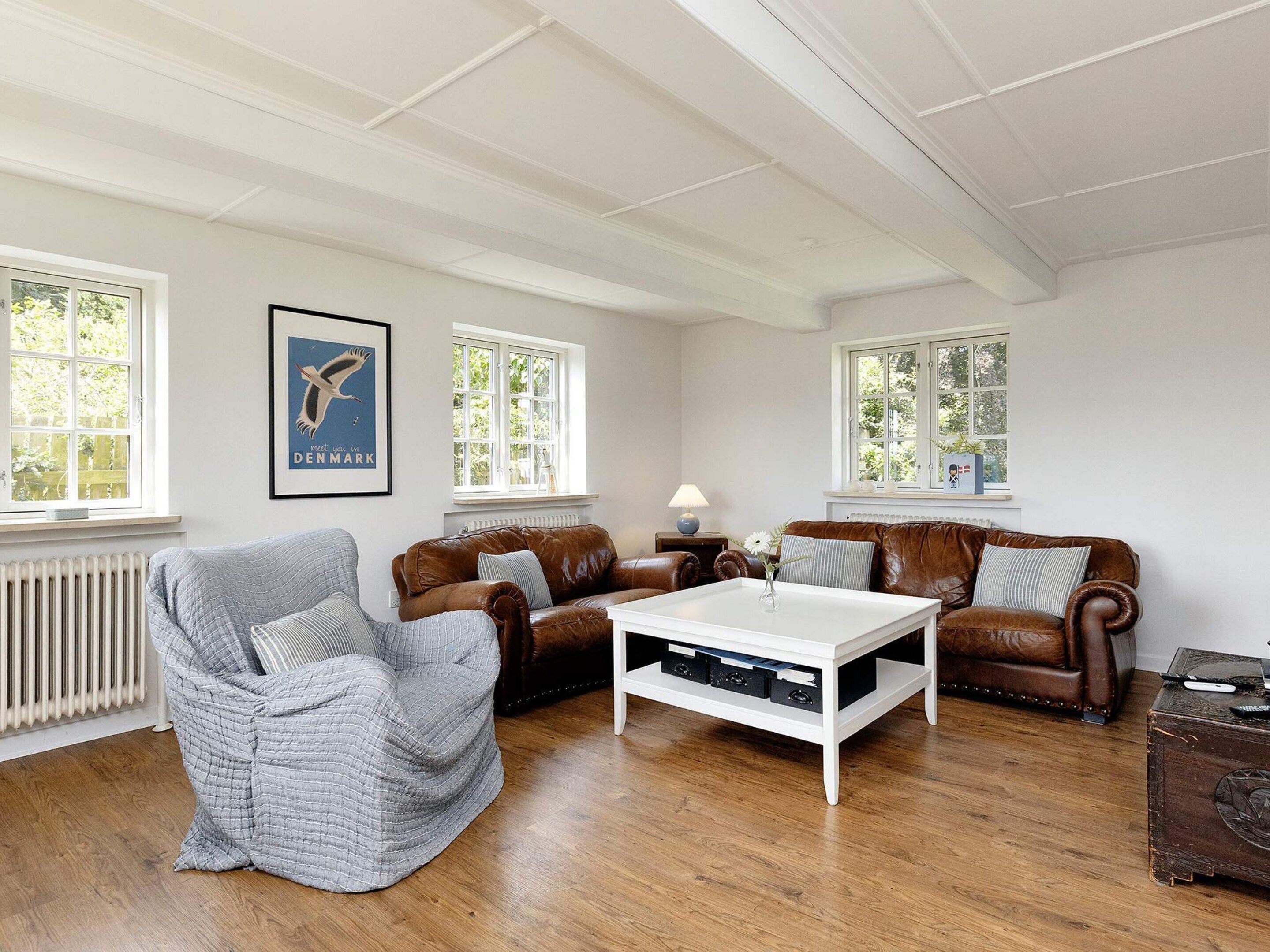 A living room with a brown leather sofa, a grey armchair, and a white coffee table. There are two windows with white frames, a radiator, and a framed picture on the wall.