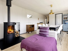 A cozy room with a wood-burning stove, a dining area with a table and chairs, and a kitchen with cabinets and a mirror.