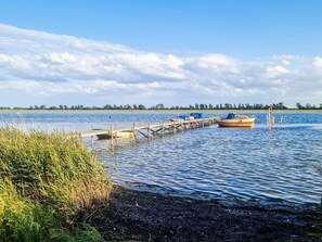 A calm lake with a wooden dock extending into the water, surrounded by greenery.