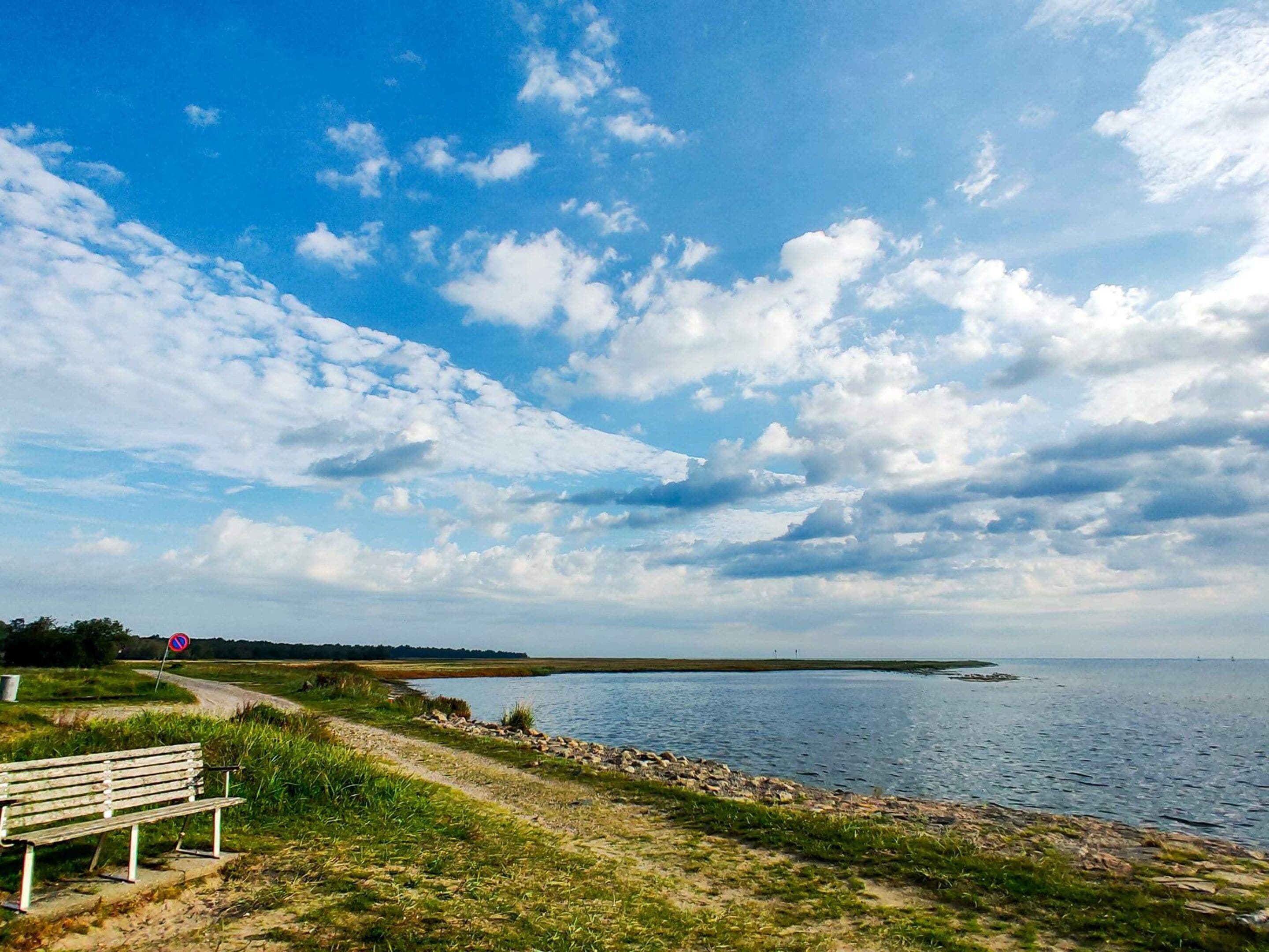 A bench by a lakeside path with a clear sky and distant horizon.