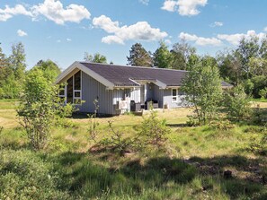 A single-story building with a sloped roof, a covered patio area with outdoor furniture, and a lawn in front. - 4 Star Holiday Home in Albaek (Aalbaek)