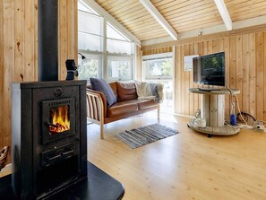 A cozy living room with a wood-burning stove, a leather sofa, a television, and a wooden interior. - 4 Star Holiday Home in Albaek (Aalbaek)