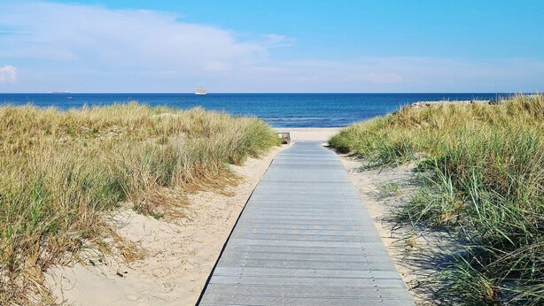 Ein hölzerner Steg führt zu einem Strand, der von Dünen gesäumt ist.