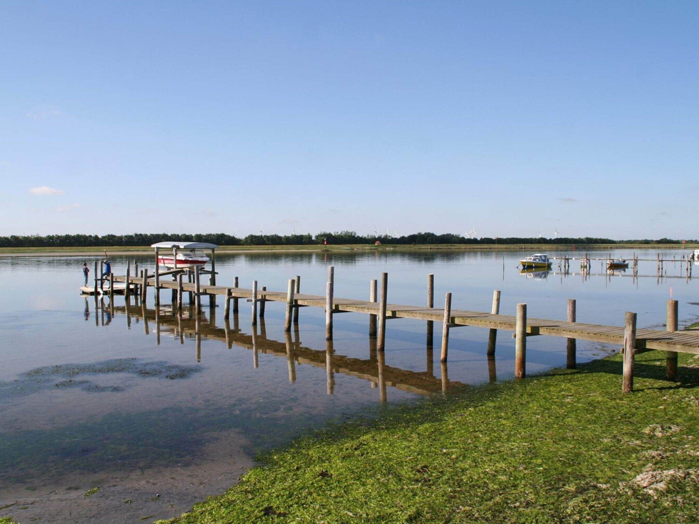 A calm lake with a wooden dock extending into the water.
