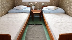 Una habitación con dos camas, una mesita, un ventanal y una alfombra verde.