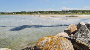 Een kustlandschap met helder water, een zandstrand en een rij huizen op de achtergrond.