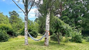 A hammock between two birch trees in a grassy area with dense foliage in the background. - 4 Star Holiday Home in Varmdo (Värmdö)