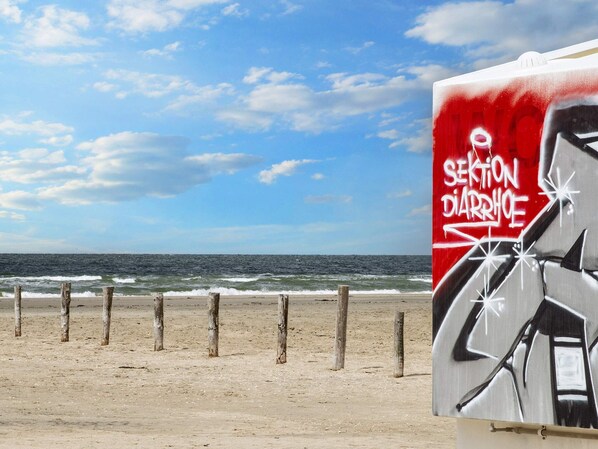 En strand med et skilt der står 'SEKTION DIARRHOE' og udsigt over havet.