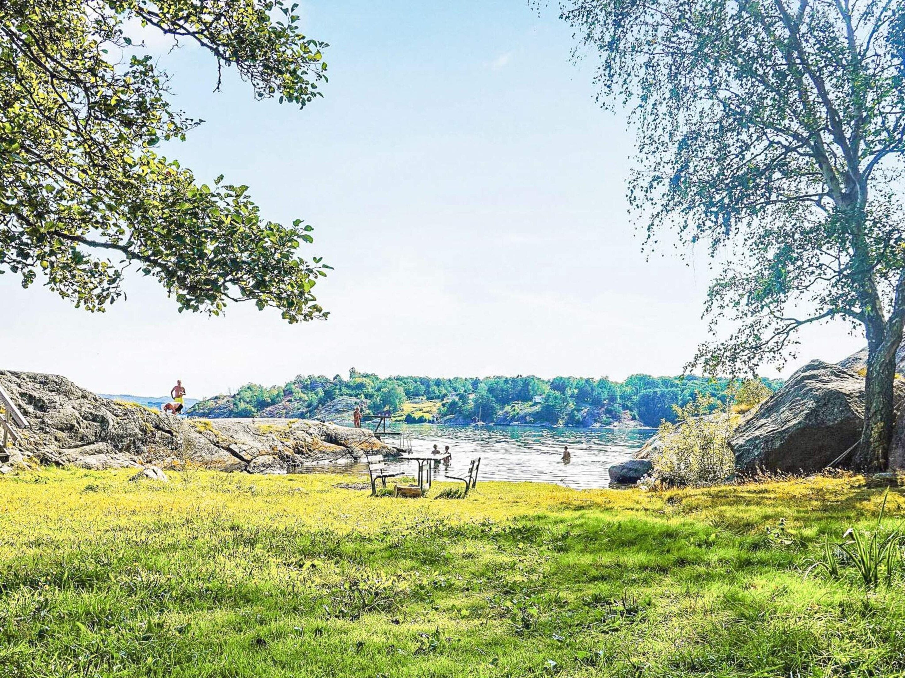 Paesaggio naturale con prato, affioramento roccioso e specchio d'acqua.