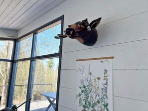 Une pièce avec une tête d’animal empaillée accrochée au mur, une fenêtre donnant sur des arbres et une illustration botanique au mur.