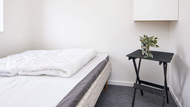 A single bed with a white duvet and a grey headboard, a small black table with a plant, and a white wall with a cabinet. - 5 Star Holiday Home in Glesborg (Glesborg)