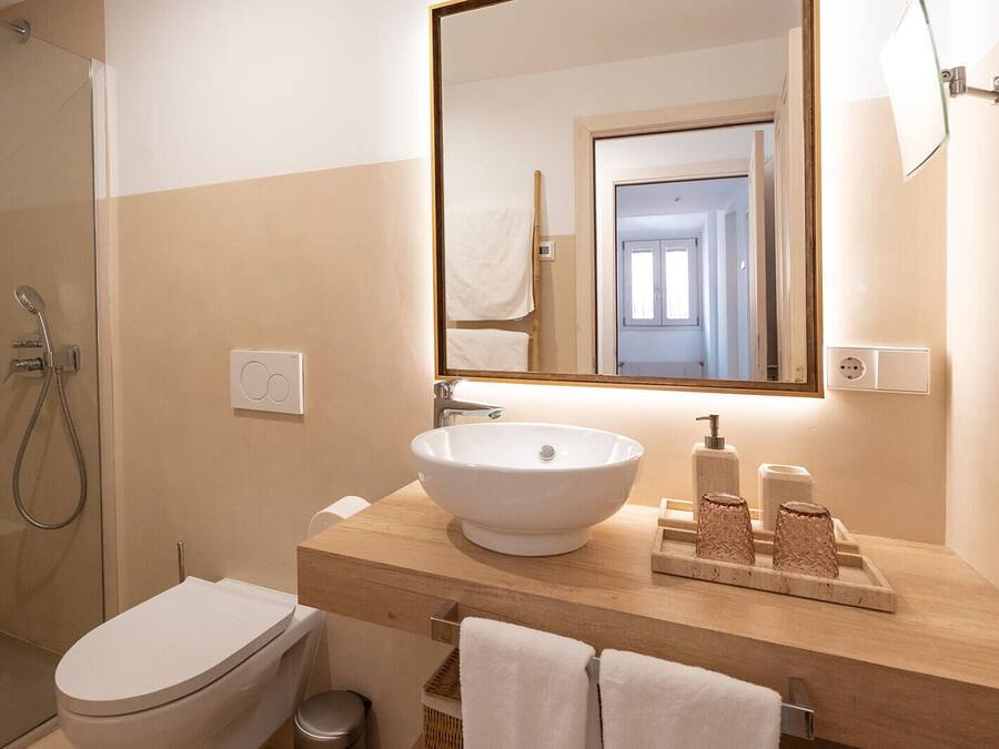 Une salle de bain moderne avec un grand lavabo ovale, une douchette à main, des toilettes et un miroir qui reflète la porte.