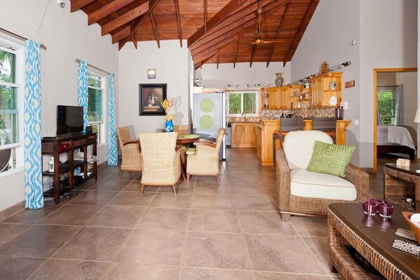 Amplia sala de estar con techo alto, mobiliario de mimbre, comedor y zona de cocina con armarios de madera.