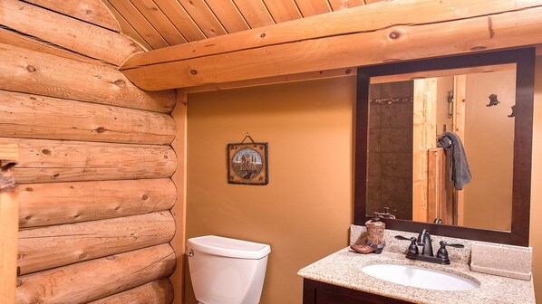 A wooden cabin bathroom with a toilet, sink, and a large mirror. - Slps 24 12m Town 7acre Huge Yard Theatre Gmroom (Sylva)