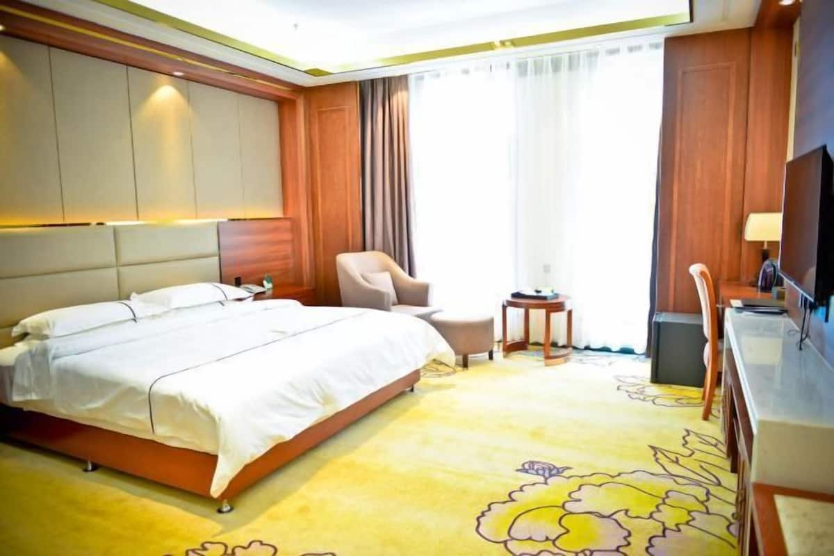 Una habitación de hotel con una cama grande, un escritorio, una silla y un televisor.