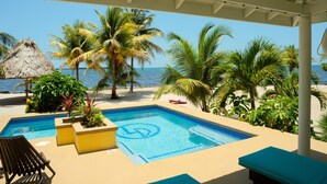 Zona de piscina con vista al océano, rodeada de palmeras y una estructura de techo de paja.