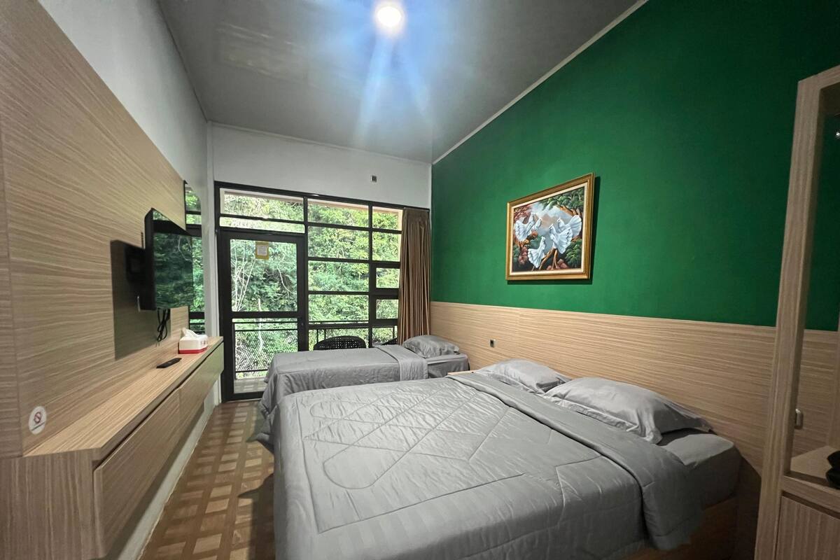 Ein Hotelzimmer mit zwei Betten, einem an der Wand befestigten Fernseher, einem großen Fenster mit Blick auf Bäume und einer grünen Wand mit einem gerahmten Bild.