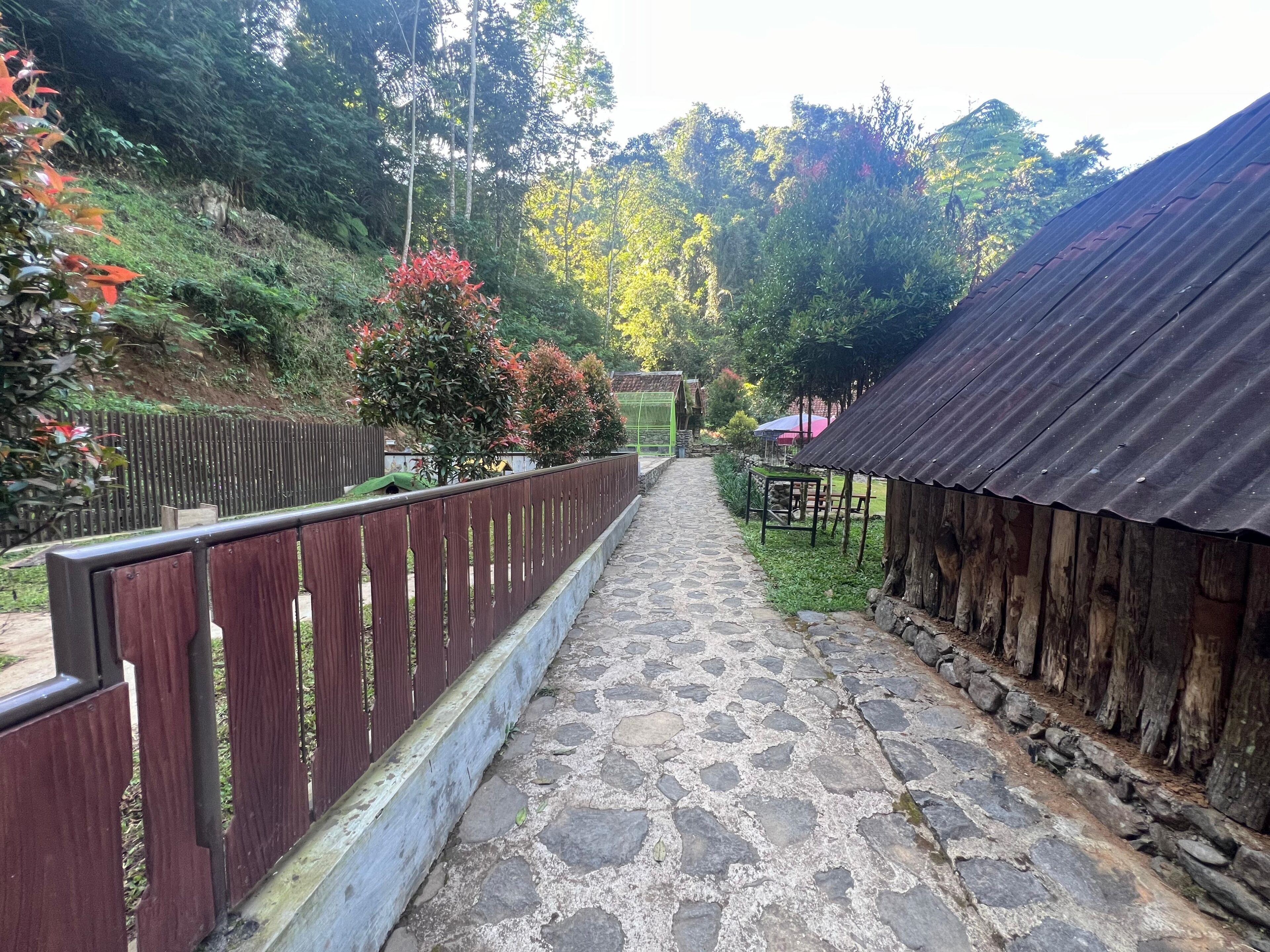 A stone pathway leading to a rustic building with a corrugated metal roof.