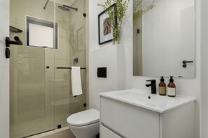 Douche, sèche-cheveux, serviettes fournies, savon