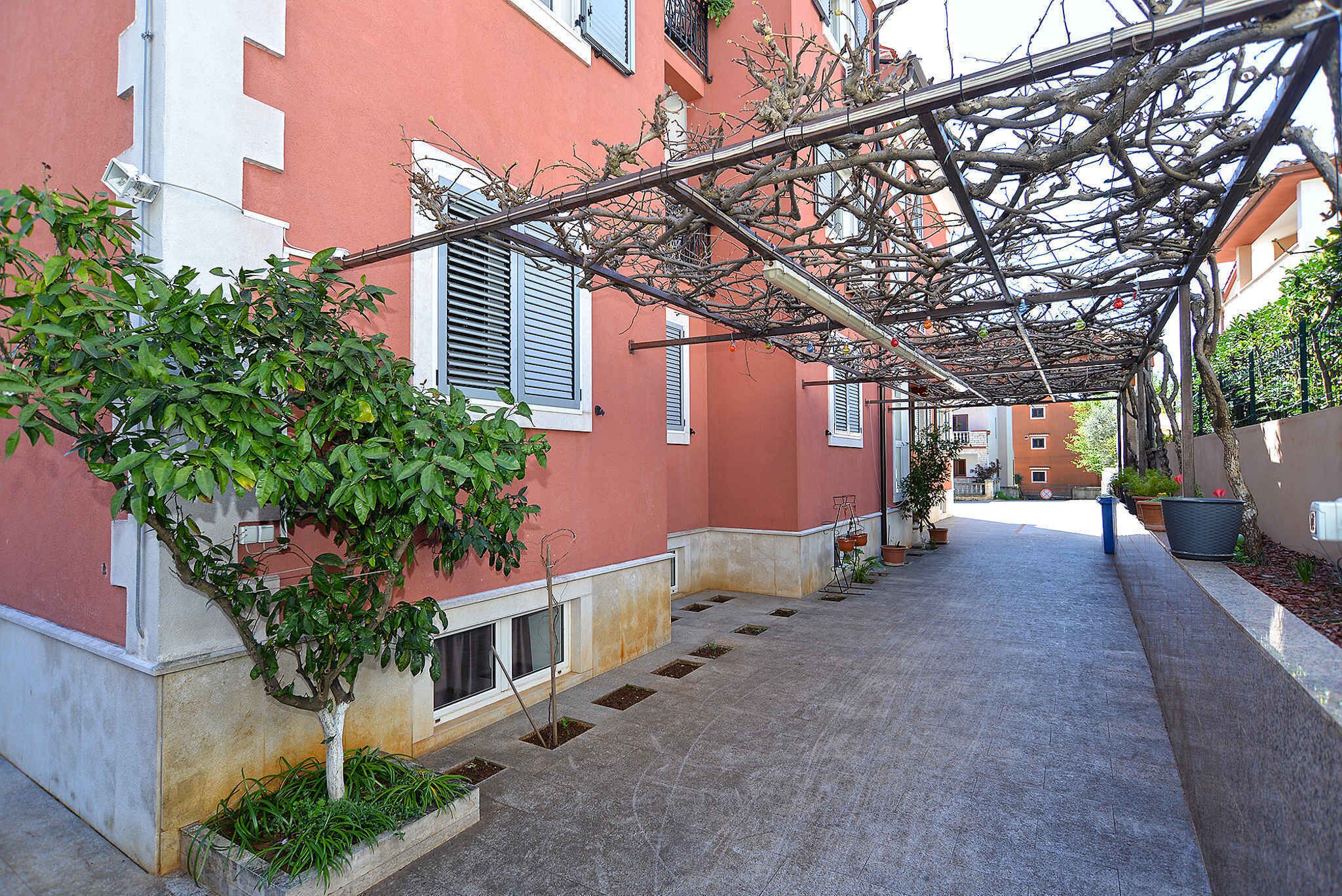 A narrow alleyway with a covered walkway, potted plants, and a building with shutters.