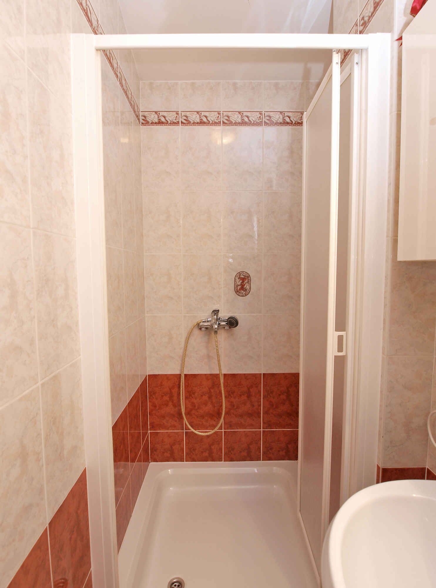 Een badkamer met een douche, toilet en wastafel.
