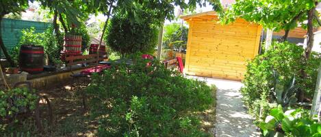 A garden with a wooden shed, a barbecue area, and various plants.