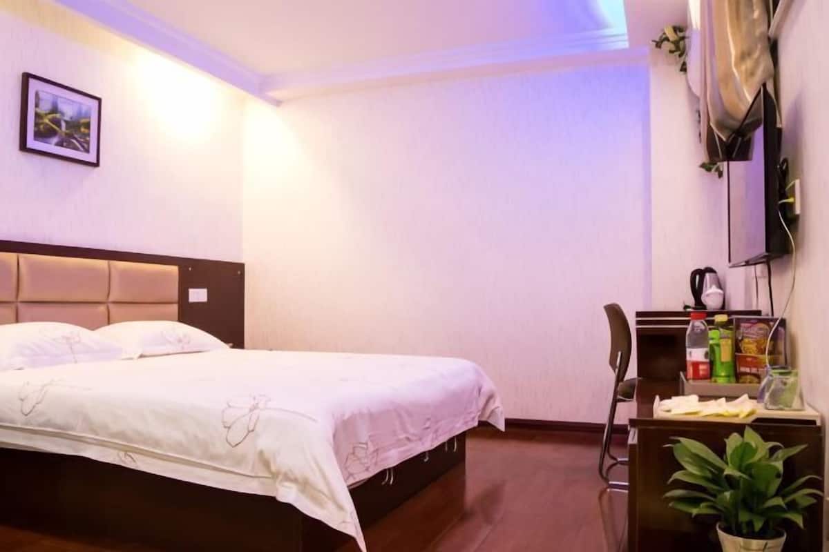 A bedroom with a bed, a desk, a chair, and a potted plant.