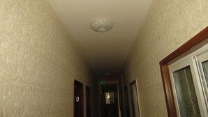 Un pasillo estrecho con paredes decoradas y puertas a ambos lados.