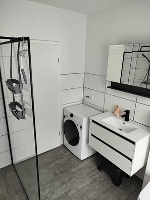Chuveiro, secador de cabelo, sabonete, papel higiênico