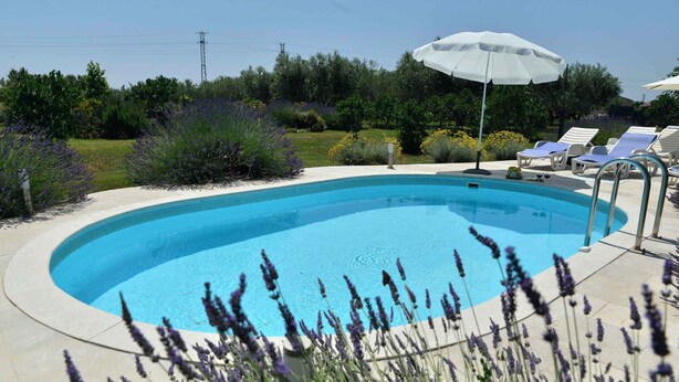 Une piscine entourée d’un patio aménagé, comprenant des chaises longues et des parasols.
