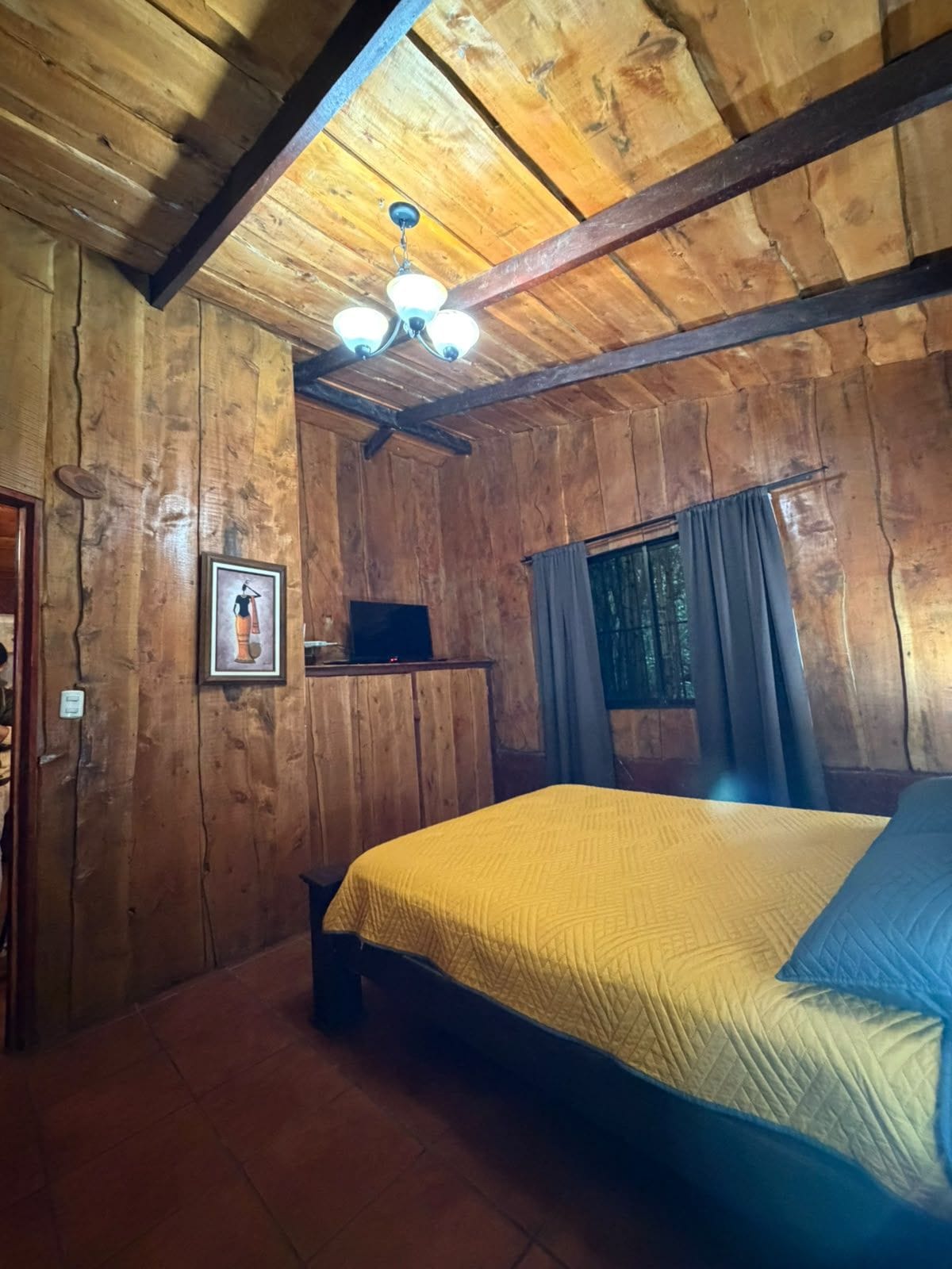 Una habitación de madera con una cama, un lámpara en el techo y un cuadro en la pared.