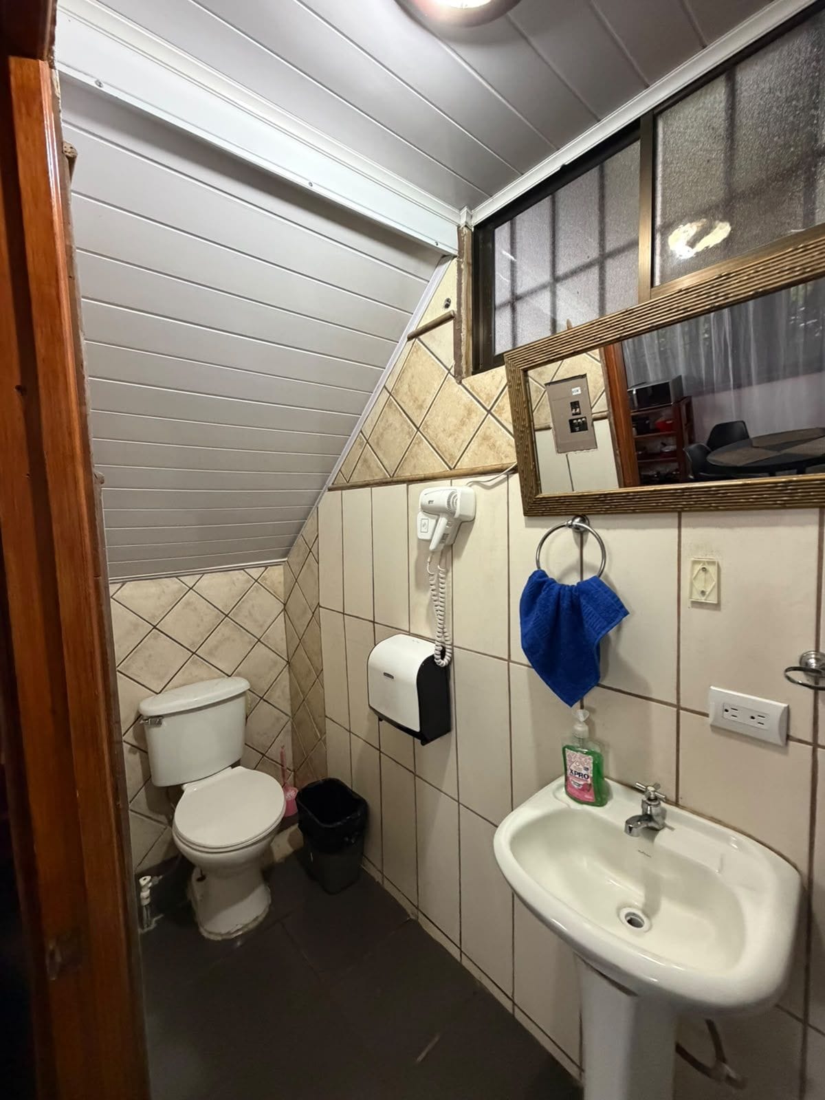 A compact bathroom with a toilet, a sink, a mirror, and a towel rack.