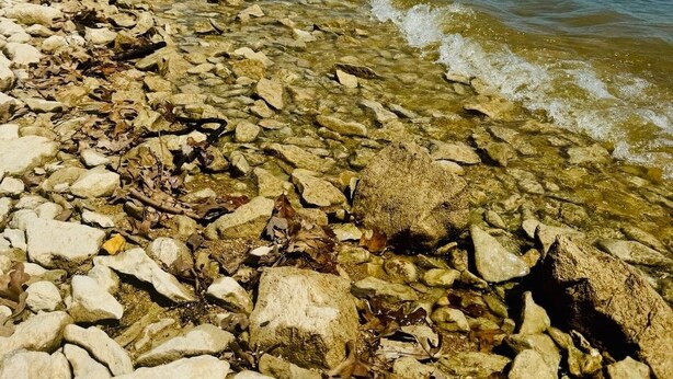 Una costa rocosa con aguas cristalinas y cielo despejado.
