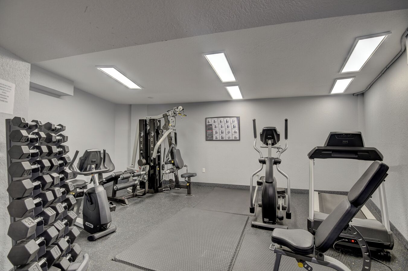 Un gimnasio con diverso equipo de ejercicio, incluyendo mancuernas, una cinta de correr y máquinas de pesas.