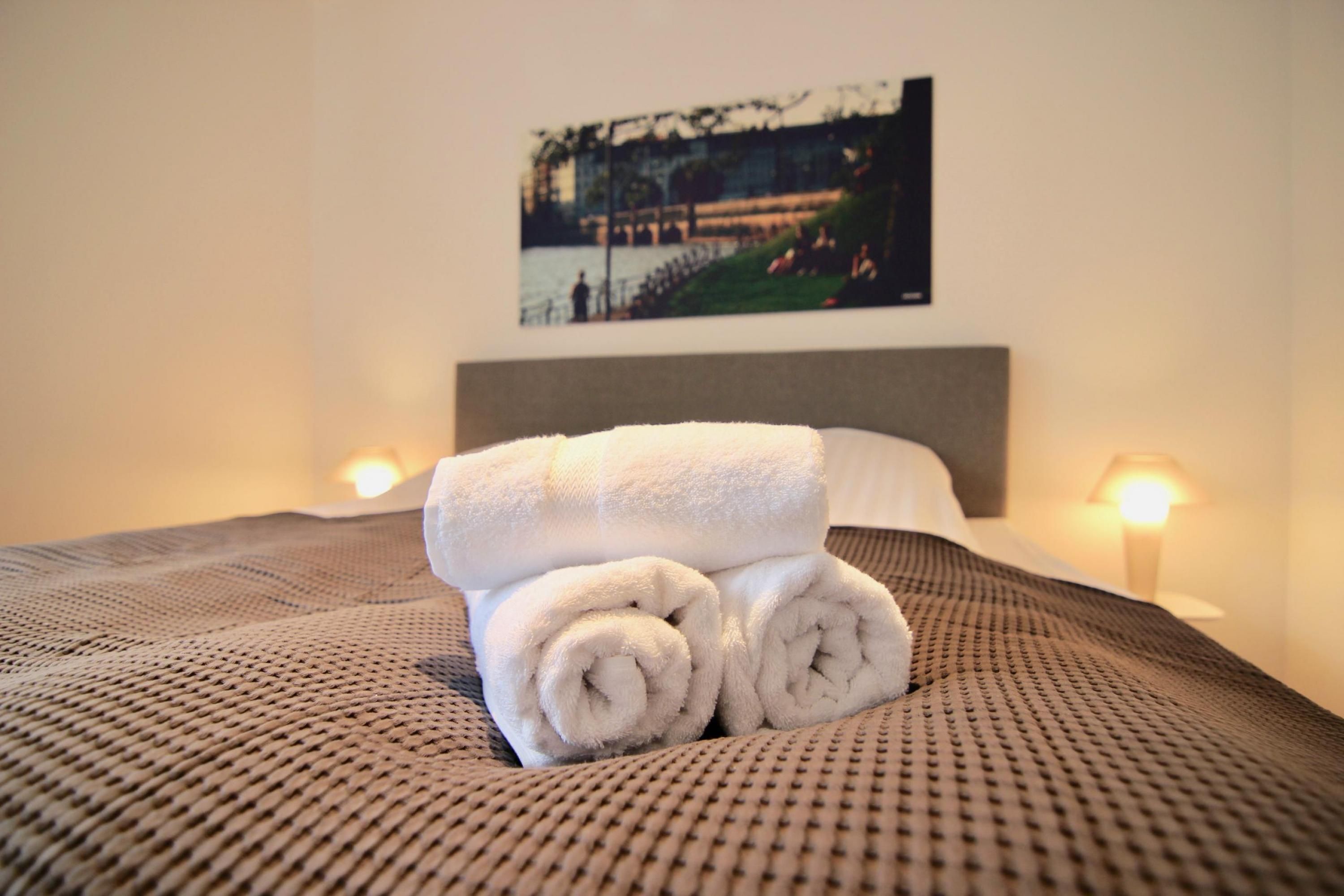A neatly made bed with rolled white towels, a headboard, and a wall-mounted picture.